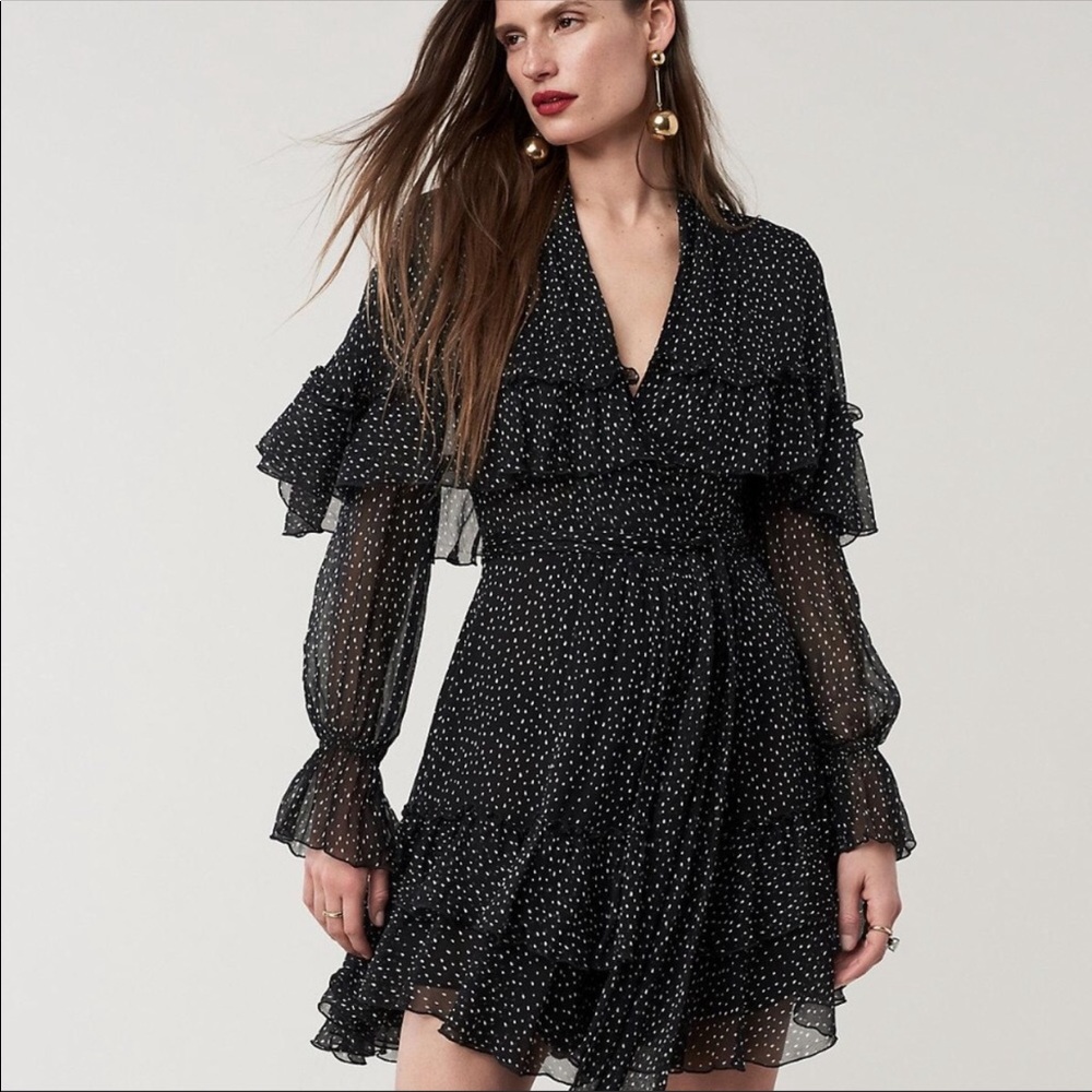 DVF Martina Silk Ruffle Dot Wrap Dress Black small